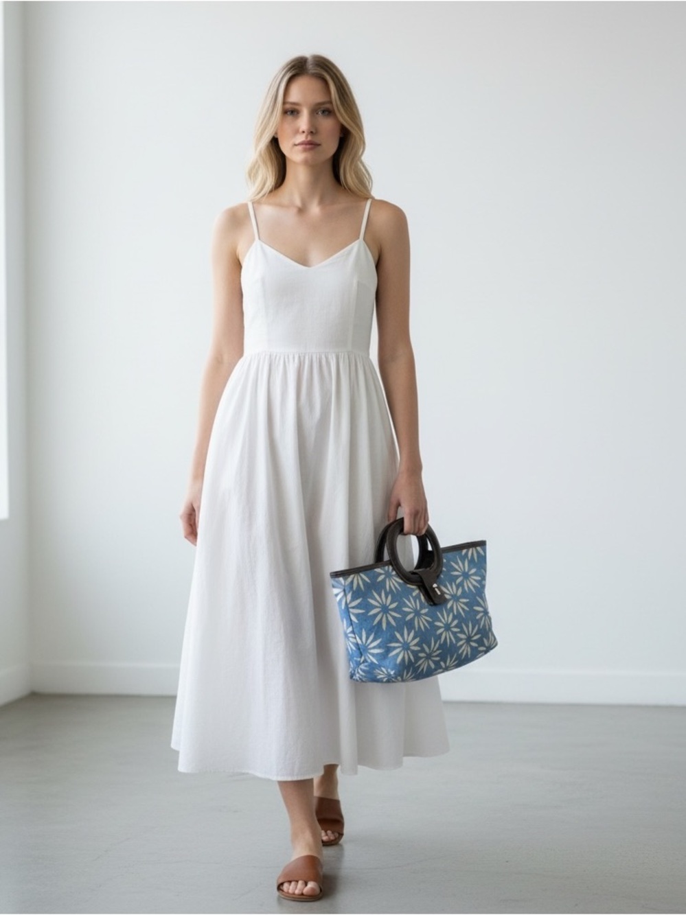 Blue Floral Canvas Tote Bag with Dark Brown Vegan Leather